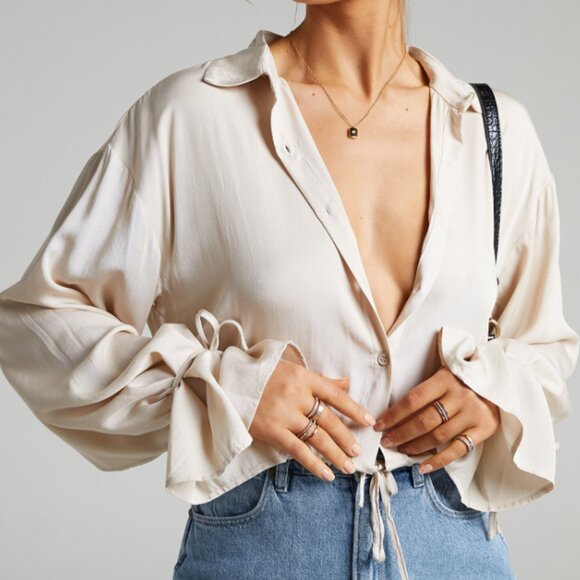 Showpo. Tops - WANDA SHIRT - BUTTON UP SHIRT IN BEIGE